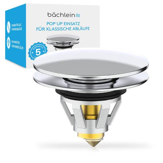 Bächlein Universeller Pop Up Waschbeckenstöpsel - Abflusssieb in Chrom für Waschtische - 36-38 mm Abfluss Ablauf Ventil-Stopfen mit Haarsieb