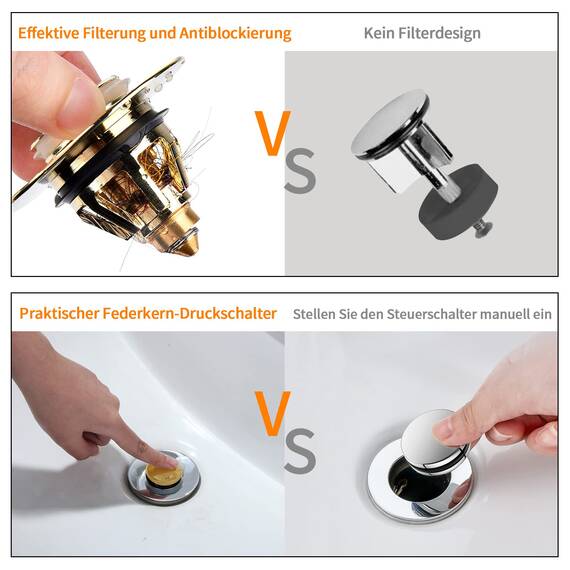 Pop Up Stöpsel Waschbecken Mit Anti Clogging Sieb, Universal Abflusssieb Waschbecken Stöpsel Verschluss Ablaufgarnitur für Aufsatzwaschbecken, Abflussstopfen für Badewanne (Gold,34-38mm)
