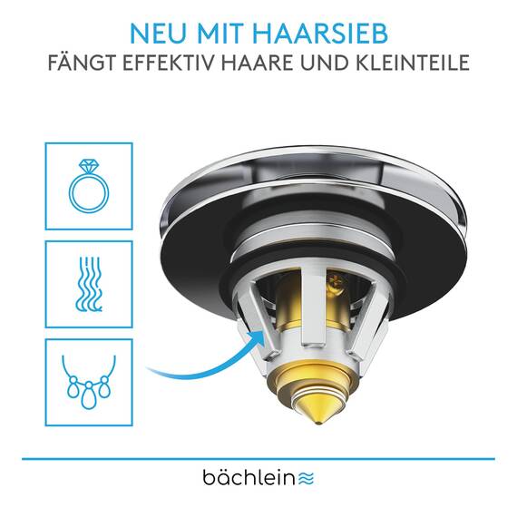 Bächlein Universeller Pop Up Waschbeckenstöpsel - Abflusssieb in Chrom für Waschtische - 36-38 mm Abfluss Ablauf Ventil-Stopfen mit Haarsieb