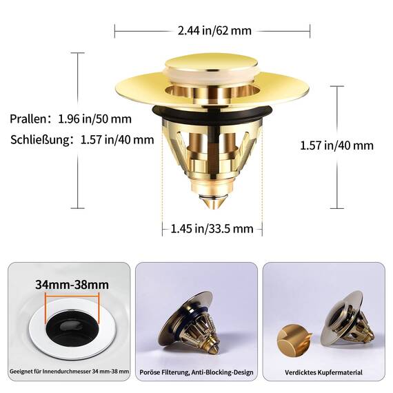 Pop Up Stöpsel Waschbecken Mit Anti Clogging Sieb, Universal Abflusssieb Waschbecken Stöpsel Verschluss Ablaufgarnitur für Aufsatzwaschbecken, Abflussstopfen für Badewanne (Gold,34-38mm)