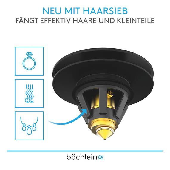 Bächlein Universeller Pop Up Waschbeckenstöpsel - Abflusssieb in Matt Schwarz für Waschtische - 36-38 mm Abfluss Ablauf Ventil-Stopfen mit Haarsieb