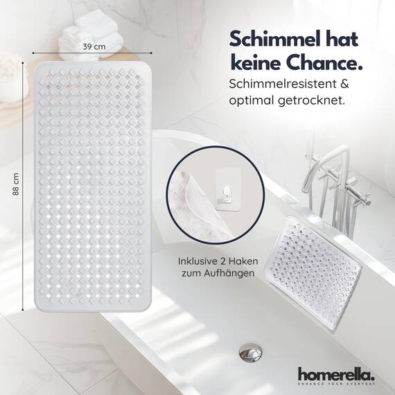 homerella® Badewannenmatte rutschfest 88x39cm, INKL. HAKEN, Rutschfeste Badematte BPA frei, Duschmatte rutschfest, Antirutschmatte Badewanne, Rutschmatte Badewanne, schimmelresistent&maschinenwaschbar
