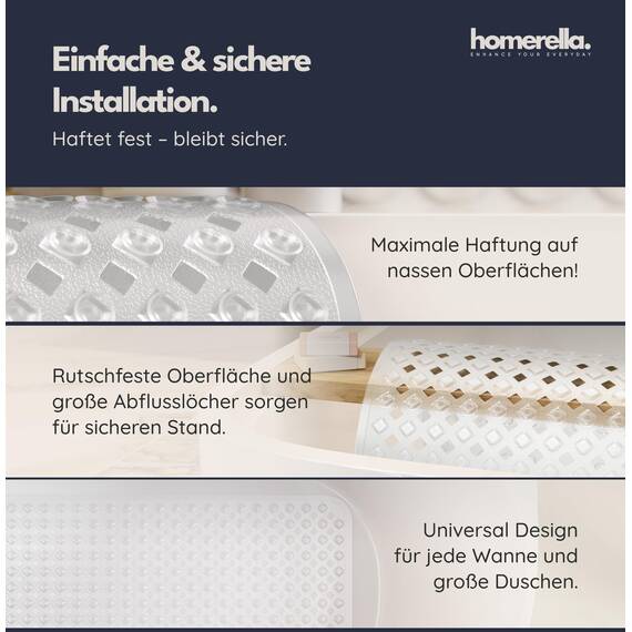 homerella® Badewannenmatte rutschfest 88x39cm, INKL. HAKEN, Rutschfeste Badematte BPA frei, Duschmatte rutschfest, Antirutschmatte Badewanne, Rutschmatte Badewanne, schimmelresistent&maschinenwaschbar