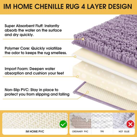 ACCUMTEK Upgrade Extra großes Lavendel-Badezimmerteppich-Set, 3-teilig, ultraweich, dick, saugfähig, rutschfest, Chenille, WC-Vorleger für Badezimmer, Schlafzimmer, Küche