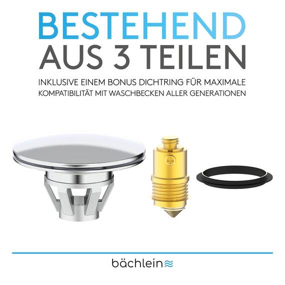 Bächlein Universeller Pop Up Waschbeckenstöpsel - Abflusssieb in Chrom für Waschtische - 36-38 mm Abfluss Ablauf Ventil-Stopfen mit Haarsieb