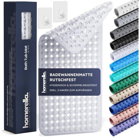 homerella® Badewannenmatte rutschfest 88x39cm, INKL. HAKEN, Rutschfeste Badematte BPA frei, Duschmatte rutschfest, Antirutschmatte Badewanne, Rutschmatte Badewanne, schimmelresistent&maschinenwaschbar