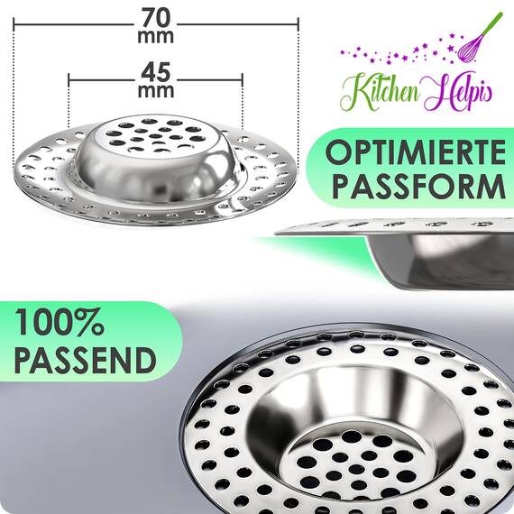 Kitchen Helpis® 2X Abflusssieb ALLE ABFLÜSSE 14g, Haarsieb Dusche rostfreier Edelstahl, Abflussieb Dusche schnell ablaufend, Haarsieb verhindert wegschwemmen, Sieb für Spülbecken einfach zu reinigen
