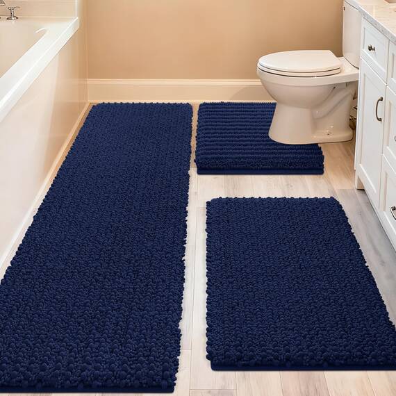 ACCUMTEK Upgrade Extra großes marineblaues Badezimmerteppich-Set, 3-teilig, ultraweich, dick, saugfähig, Badematten, rutschfeste Chenille-WC-Vorleger für Badezimmer, Schlafzimmer, Küche