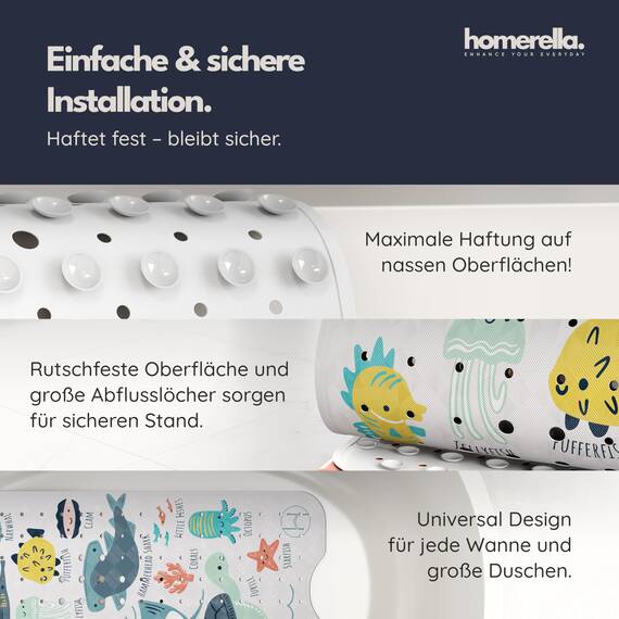 homerella® Kinder Badewannenmatte rutschfest 100x40cm, INKL. Haken, rutschfeste Badematte BPA frei, Duschmatte rutschfest, Antirutschmatte Badewanne Baby, Rutschmatte Badewanne, schimmelresistent