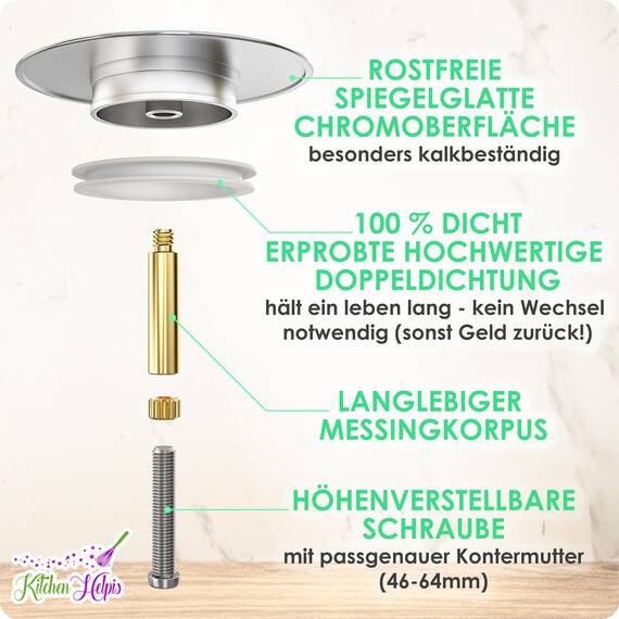 Kitchen Helpis® Edler Badewannenstöpsel universal, ⌀ 72mm Stöpsel, rostfrei, für alle gängigen Wannen, höhenverstellbarer Badewannen Stöpsel Verschluss, V2.0-100% dicht, mit 2 Doppeldichtungen