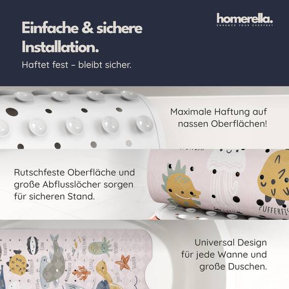 homerella® Kinder Badewannenmatte rutschfest 100x40cm, INKL. Haken, rutschfeste Badematte BPA frei, Duschmatte rutschfest, Antirutschmatte Badewanne Baby, Rutschmatte Badewanne, schimmelresistent