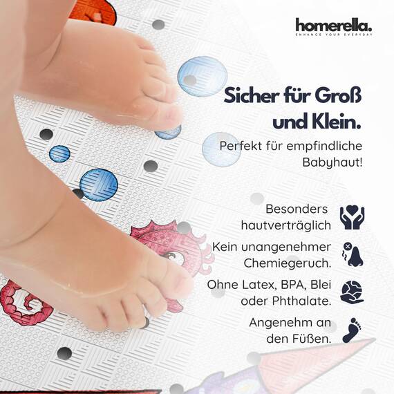 homerella® Kinder Badewannenmatte rutschfest 100x40cm, INKL. Haken, rutschfeste Badematte BPA frei, Duschmatte rutschfest, Antirutschmatte Badewanne Baby, Rutschmatte Badewanne, schimmelresistent