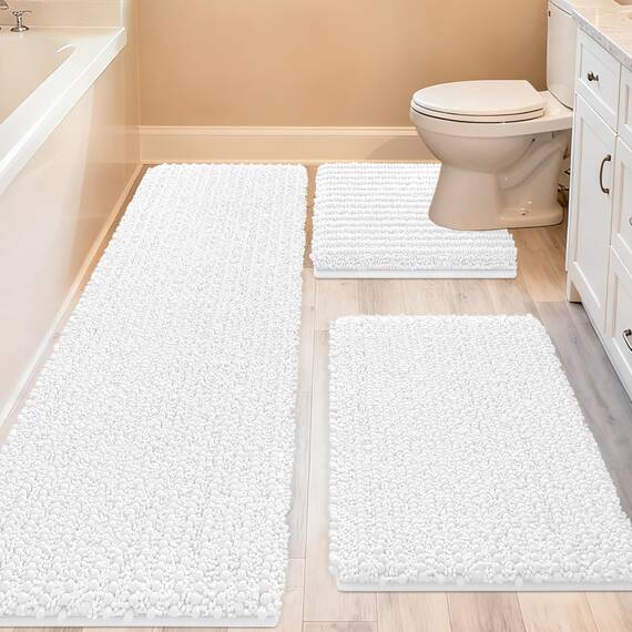 ACCUMTEK Upgrade Extra großes weißes Badezimmerteppich-Set, 3-teilig, ultraweich, dick, saugfähig, rutschfest, Chenille-WC-Vorleger für Badezimmer, Schlafzimmer, Küche