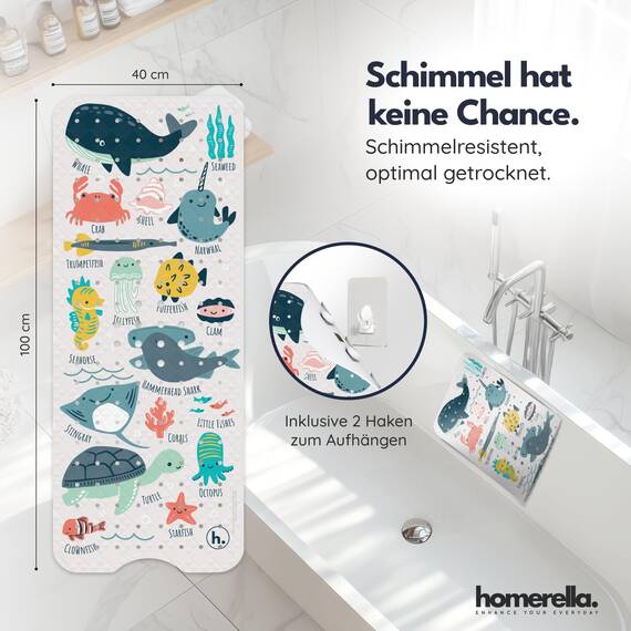 homerella® Kinder Badewannenmatte rutschfest 100x40cm, INKL. Haken, rutschfeste Badematte BPA frei, Duschmatte rutschfest, Antirutschmatte Badewanne Baby, Rutschmatte Badewanne, schimmelresistent