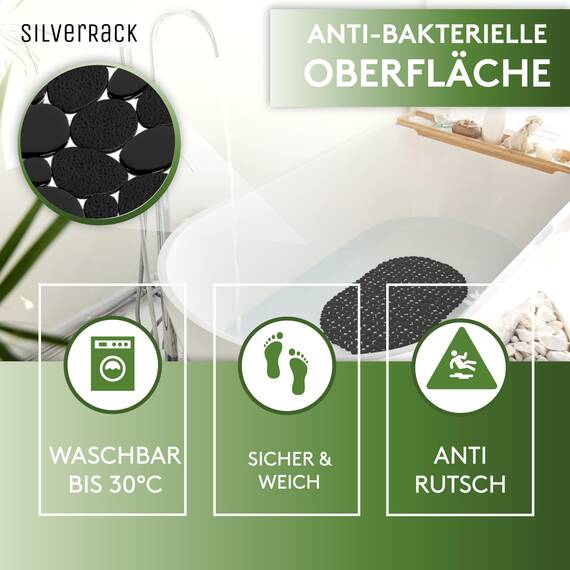 SilverRack Badewannenmatte 69x36 cm (Schwarz Kiesel Steinoptik) Antirutschmatte Badewanne BPA frei - Duschmatte schimmelresistent & maschinenwaschbar - Badematte rutschfest