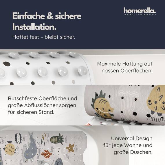 homerella® Kinder Badewannenmatte rutschfest 100x40cm, INKL. Haken, rutschfeste Badematte BPA frei, Duschmatte rutschfest, Antirutschmatte Badewanne Baby, Rutschmatte Badewanne, schimmelresistent