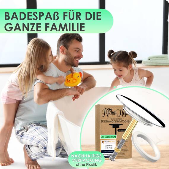 Kitchen Helpis® Edler Badewannenstöpsel universal, ⌀ 72mm Stöpsel, rostfrei, für alle gängigen Wannen, höhenverstellbarer Badewannen Stöpsel Verschluss, V2.0-100% dicht, mit 2 Doppeldichtungen