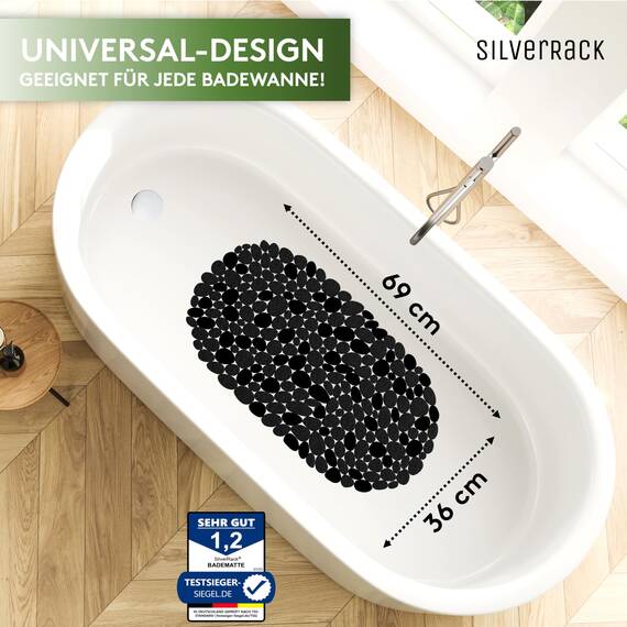SilverRack Badewannenmatte 69x36 cm (Schwarz Kiesel Steinoptik) Antirutschmatte Badewanne BPA frei - Duschmatte schimmelresistent & maschinenwaschbar - Badematte rutschfest