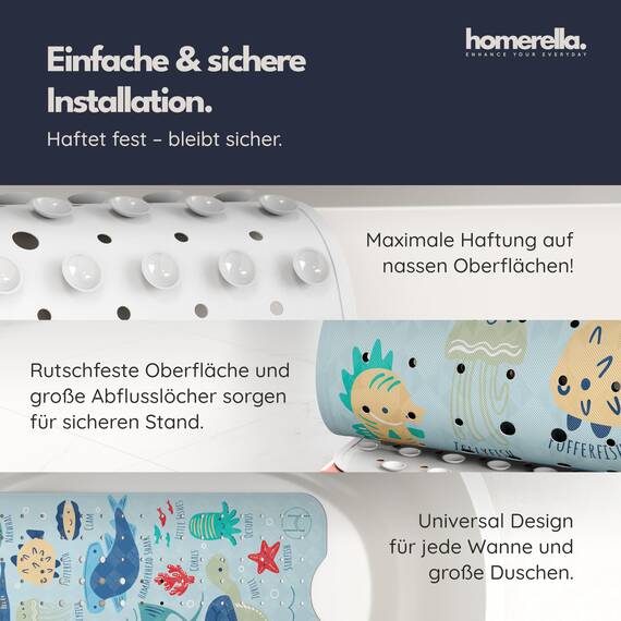 homerella® Kinder Badewannenmatte rutschfest 100x40cm, INKL. Haken, rutschfeste Badematte BPA frei, Duschmatte rutschfest, Antirutschmatte Badewanne Baby, Rutschmatte Badewanne, schimmelresistent