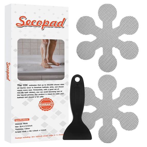 Secopad Anti-Rutsch Aufkleber 24 STK Sicherheitsstreifen für Badewanne, Klebende Sticker mit Premium Schaber für Badewanne, Dusche, Treppe (Grau)