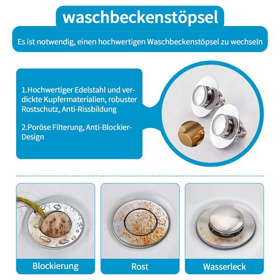 Waschbeckenstöpsel, Pop Up abflussstopfen Ablaufgarnitur Waschbecken Stöpsel Verschluss, Universal Abfluss Waschbecken für Aufsatzwaschbecken Badewannenstöpsel mit Anti Clogging Haarsieb (38-43mm)