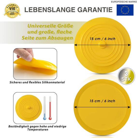 CZ Store Silikon-Abflussstopfen | 15 cm Flexibel & wasserdicht - Universal-Abdeckung für Edelstahl-Küchenspüle, Keramik-Badewanne, Toilette, Waschbecken, Dusche - Grau (Weiß/Grau/Gelb)