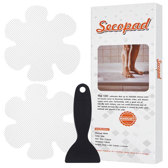 Secopad Anti-Rutsch Aufkleber 24 STK Sicherheitsstreifen für Badewanne, Klebende Sticker mit Premium Schaber für Badewanne, Dusche, Treppe (Weiß)