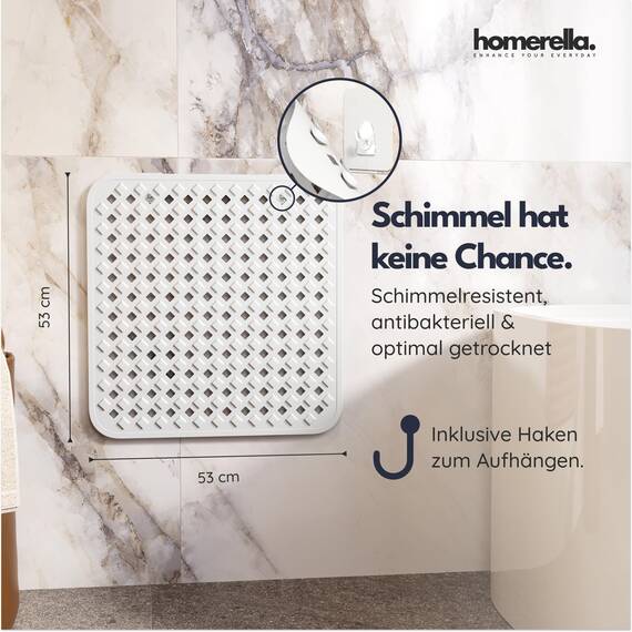 Homerella® Duschmatte rutschfest - 100% BPA frei - Inkl. 2 Haken zum Aufhängen 53x53cm - Antirutschmatte Dusche hautsensitiv & schimmelresistent - Duscheinlage maschinenwaschbar