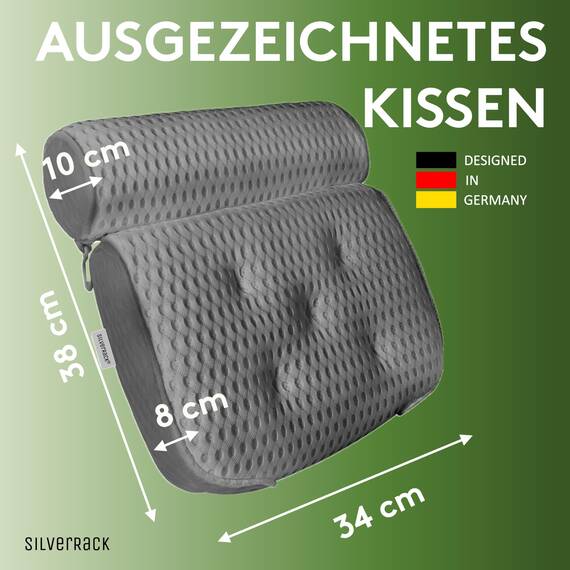 SilverRack Badewannenkissen MEDIUM-WEICH [Grau 4D] - Nackenkissen für Badewanne mit Saugnäpfen als Badewannen-Zubehör - Kissen für Badewanne - Badekissen mit ergonomischer Passform