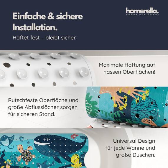 homerella® Kinder Badewannenmatte rutschfest 100x40cm, INKL. Haken, rutschfeste Badematte BPA frei, Duschmatte rutschfest, Antirutschmatte Badewanne Baby, Rutschmatte Badewanne, schimmelresistent