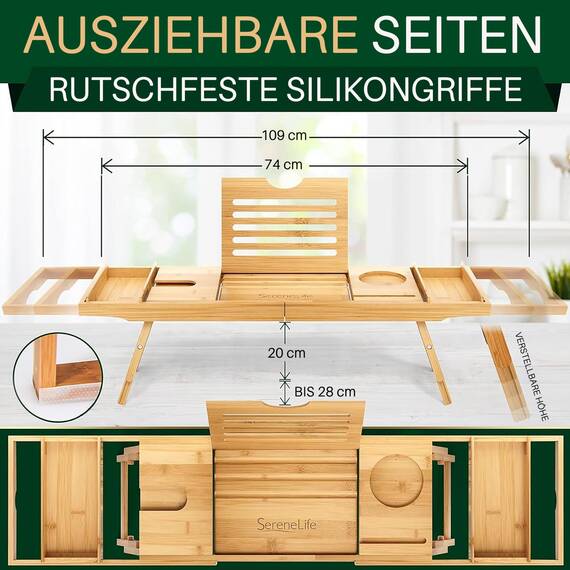 SereneLife Badewannenablage aus Bambus 2-in-1 als Bett Tablett – Ausziehbares Badewannenbrett 75–108 cm, höhenverstellbar, klappbar mit Stabiler Buch- und Tabletstütze, SPA Set