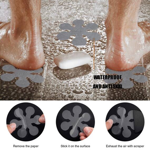 Secopad Anti-Rutsch Aufkleber 24 STK Sicherheitsstreifen für Badewanne, Klebende Sticker mit Premium Schaber für Badewanne, Dusche, Treppe (Grau)