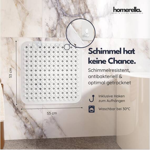 homerella© Duschmatte rutschfest 53x53cm, INKL. AUFHÄNGUNG, Antirutschmatte Dusche, schimmelresistent&waschbar, Duschwanneneinlage, Duscheinlage, Rutschmatte Dusche, Duschmatten, Badematte rutschfest