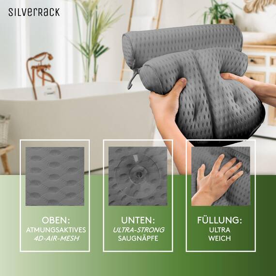SilverRack Badewannenkissen MEDIUM-WEICH [Grau 4D] - Nackenkissen für Badewanne mit Saugnäpfen als Badewannen-Zubehör - Kissen für Badewanne - Badekissen mit ergonomischer Passform