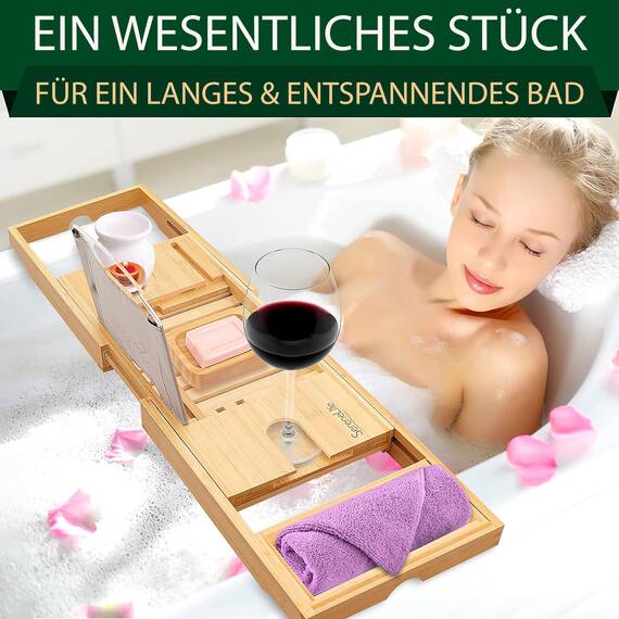 SereneLife Badewannenbrett Bambus Natur – Ausziehbares Tablett mit Geschenkbox rutschfeste Badewannenablage Wellness Zubehör aus Holz für Bücher, Wein, Snacks & Selfcare