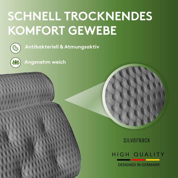 SilverRack Badewannenkissen MEDIUM-WEICH [Grau 4D] - Nackenkissen für Badewanne mit Saugnäpfen als Badewannen-Zubehör - Kissen für Badewanne - Badekissen mit ergonomischer Passform