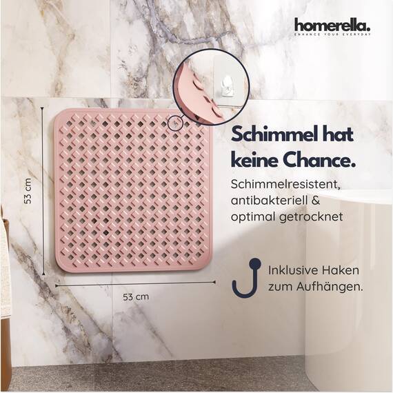 Homerella® Duschmatte rutschfest - 100% BPA frei - Inkl. 2 Haken zum Aufhängen 53x53cm - Antirutschmatte Dusche hautsensitiv & schimmelresistent - Duscheinlage maschinenwaschbar