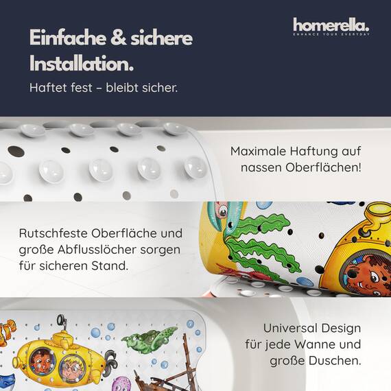 homerella® Kinder Badewannenmatte rutschfest 100x40cm, INKL. Haken, rutschfeste Badematte BPA frei, Duschmatte rutschfest, Antirutschmatte Badewanne Baby, Rutschmatte Badewanne, schimmelresistent