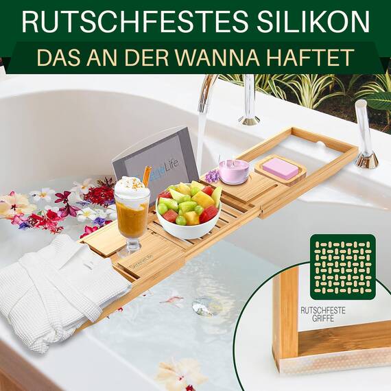 SereneLife Badewannenbrett Bambus Natur – Ausziehbares Tablett mit Geschenkbox rutschfeste Badewannenablage Wellness Zubehör aus Holz für Bücher, Wein, Snacks & Selfcare