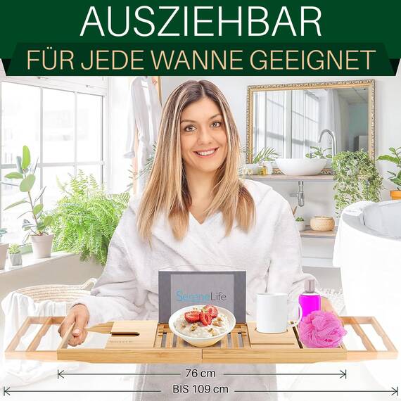 SereneLife Badewannenbrett Bambus Natur – Ausziehbares Tablett mit Geschenkbox rutschfeste Badewannenablage Wellness Zubehör aus Holz für Bücher, Wein, Snacks & Selfcare