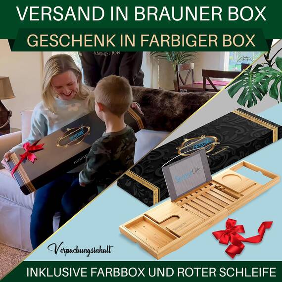 SereneLife Badewannenbrett Bambus Natur – Ausziehbares Tablett mit Geschenkbox rutschfeste Badewannenablage Wellness Zubehör aus Holz für Bücher, Wein, Snacks & Selfcare