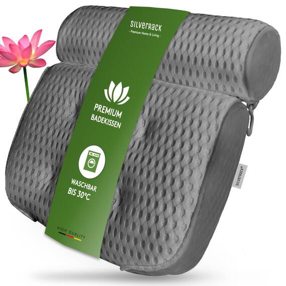 SilverRack Badewannenkissen MEDIUM-WEICH [Grau 4D] - Nackenkissen für Badewanne mit Saugnäpfen als Badewannen-Zubehör - Kissen für Badewanne - Badekissen mit ergonomischer Passform
