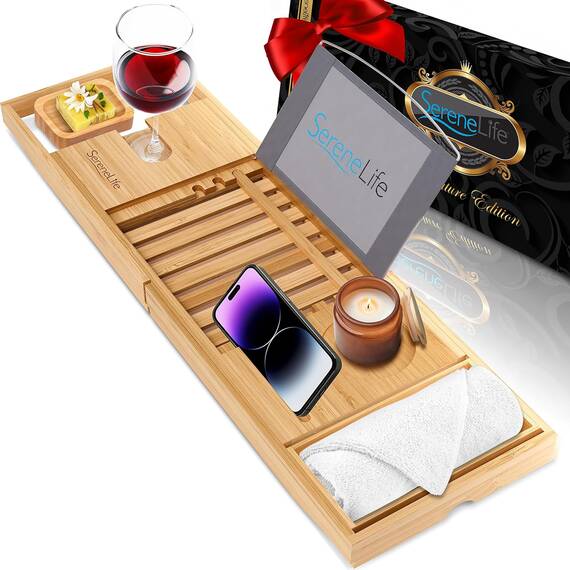 SereneLife Badewannenbrett Bambus Natur – Ausziehbares Tablett mit Geschenkbox rutschfeste Badewannenablage Wellness Zubehör aus Holz für Bücher, Wein, Snacks & Selfcare