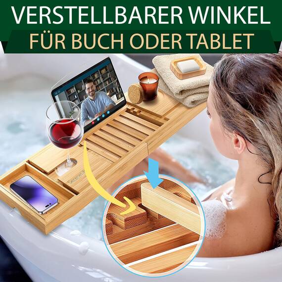 SereneLife Badewannenbrett Bambus Natur – Ausziehbares Tablett mit Geschenkbox rutschfeste Badewannenablage Wellness Zubehör aus Holz für Bücher, Wein, Snacks & Selfcare