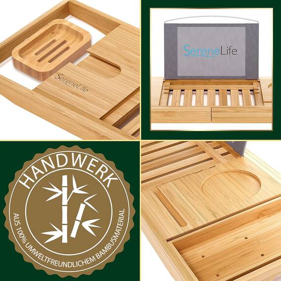 SereneLife Badewannenbrett Bambus Natur – Ausziehbares Tablett mit Geschenkbox rutschfeste Badewannenablage Wellness Zubehör aus Holz für Bücher, Wein, Snacks & Selfcare