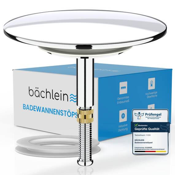Bächlein Universal Badewannenstöpsel - ⌀ 7,2 cm Stöpsel für Badewanne [Chrom] - Abfluss-Stopfen aus Messing inkl. Ersatzdichtung - Für Fast Jede handelsübliche Badewanne