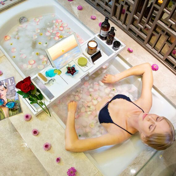 Badewannen-Caddy für Luxus-Badewanne, Bambus, wasserdicht, erweiterbar, Badewannentisch, mit Wein- und Buchhalter und Seifenablage (weiß)