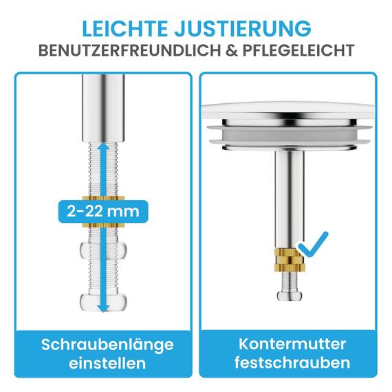 Bächlein Universal Badewannenstöpsel - ⌀ 7,2 cm Stöpsel für Badewanne [Chrom] - Abfluss-Stopfen aus Messing inkl. Ersatzdichtung - Für Fast Jede handelsübliche Badewanne