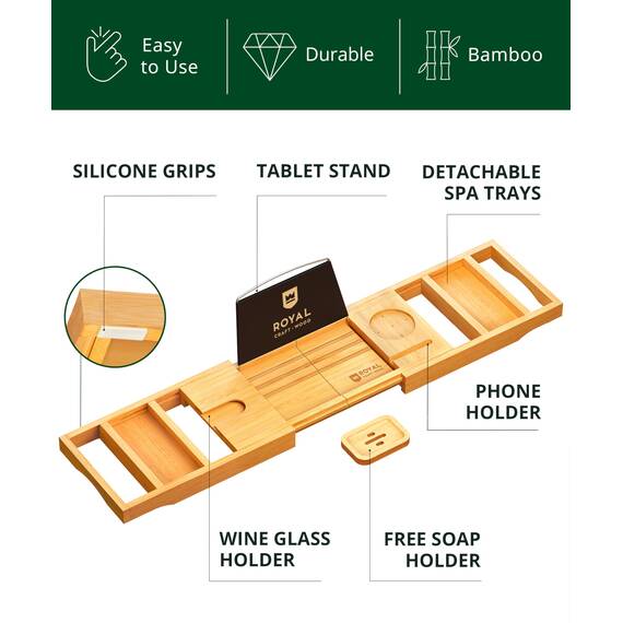 ROYAL CRAFT WOOD Premium Faltbares Badewannentablett – Holz-Badetablett für Badewanne, Bambusregal, erweiterbare Badewannentischtabletts, Badewanne & Badezimmerzubehör für neues Zuhause & Muttertag