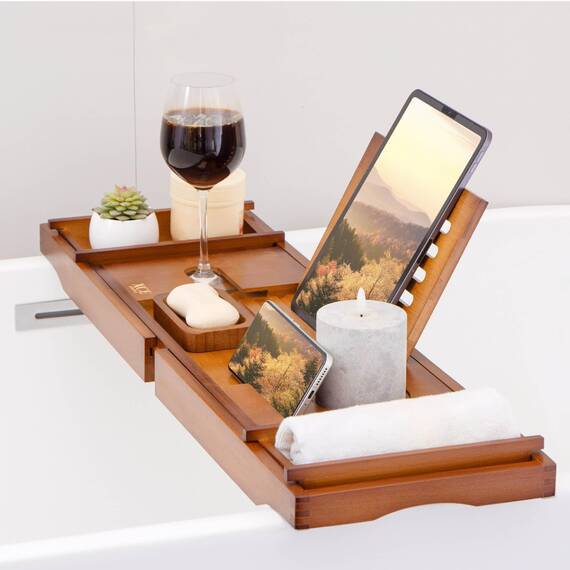 XcE Badewannen-Tablett (braun) – Bambus-Holz Badewannentablett und Badewannen-Caddy für EIN Spa zu Hause
